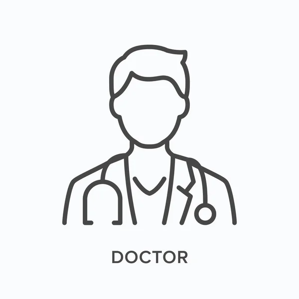 Icono de línea plana Doctor. Ilustración del esquema vectorial del médico masculino con capa de estetoscopio. Avatar médico especialista, pictograma médico lineal delgado — Vector de stock