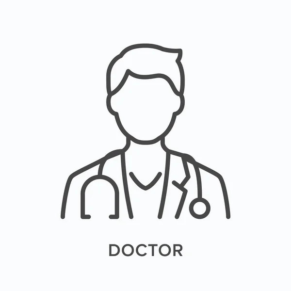 Doutor ícone de linha plana. Esboço vetorial ilustração de médico de pelagem masculino com estetoscópio. Médico especialista avatar, pictograma médico linear fino — Vetor de Stock