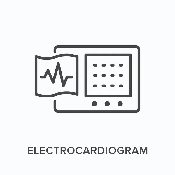 Pl. lapos vonalú ikon. Az elektrokardiogram vektoros ábrázolása. Kardiológiai berendezések vékony lineáris orvosi piktogram — Stock Vector