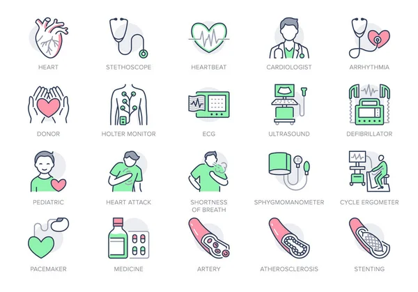 Cardiology line icons. Vector illustration included icon as heart attack, ecg, doctor, pacemaker, defibrillator outline pictogram for cardiovascular clinic. Editable Stroke, Green Color — Stock Vector