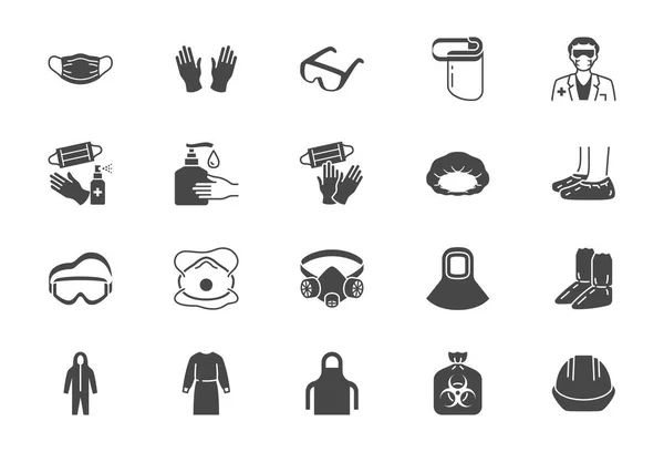 Medical PPE flat icons. Vector illustration included icon as face mask, gloves, doctor gown, hair cover, biohazard waste, respirator N95, shield black silhouette pictogram of protective wear — Stock Vector