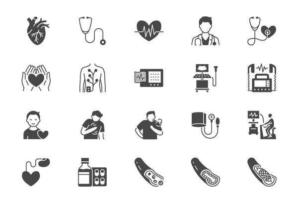 Icone piatte in cardiologia. Illustrazione vettoriale inclusa icona come attacco di cuore, monitor ecg, medico, pacemaker, defibrillatore, aterosclerosi pittogramma silhouette nera per clinica cardiovascolare medica — Vettoriale Stock