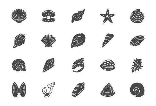 Seashell, oyster, scallop flat icons. Vector illustration included icon as nautilus, spiral shell, starfish, underwater life, see fod black silhouette pictogram for beach mollusk infographic — Stock Vector