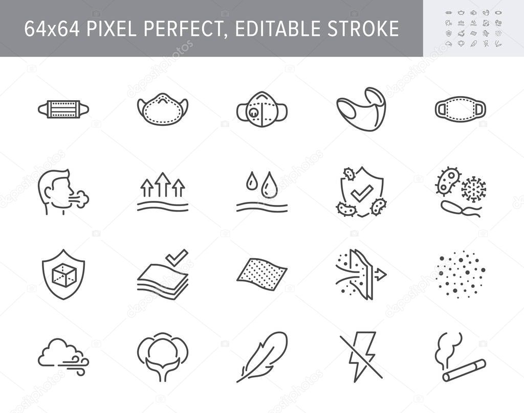 Medical masks line icons. Vector illustration included icon - n95 respirator mask, external influence protection, breathable outline pictogram, material properties 64x64 Pixel Perfect Editable Stroke