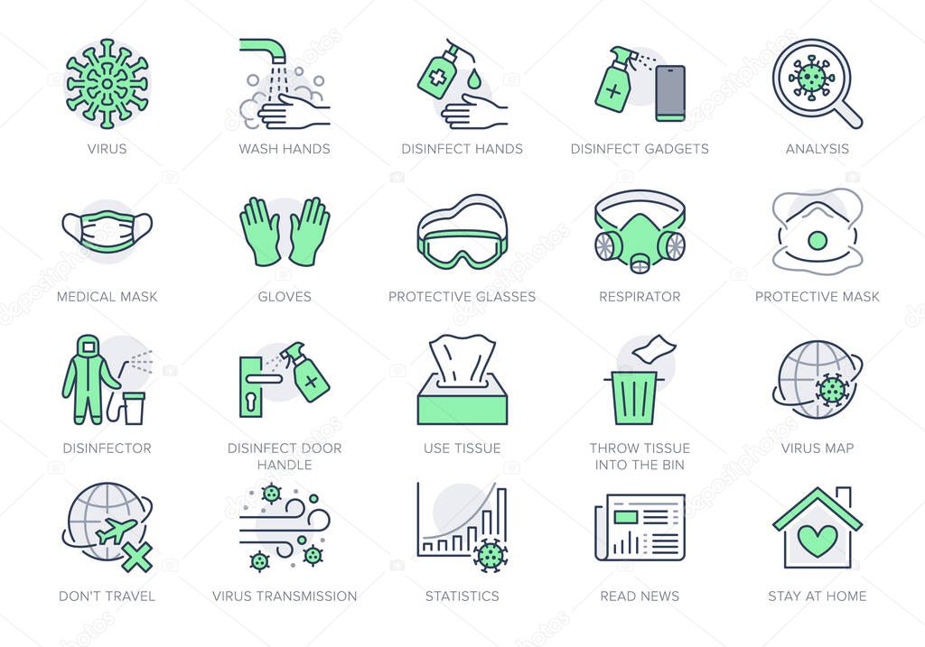 Coronavirus, virus prevention line icons. Vector illustration include icon - wash hands disinfection, face mask, sanitizer gloves outline pictogram for infographic Green Color, Editable Stroke