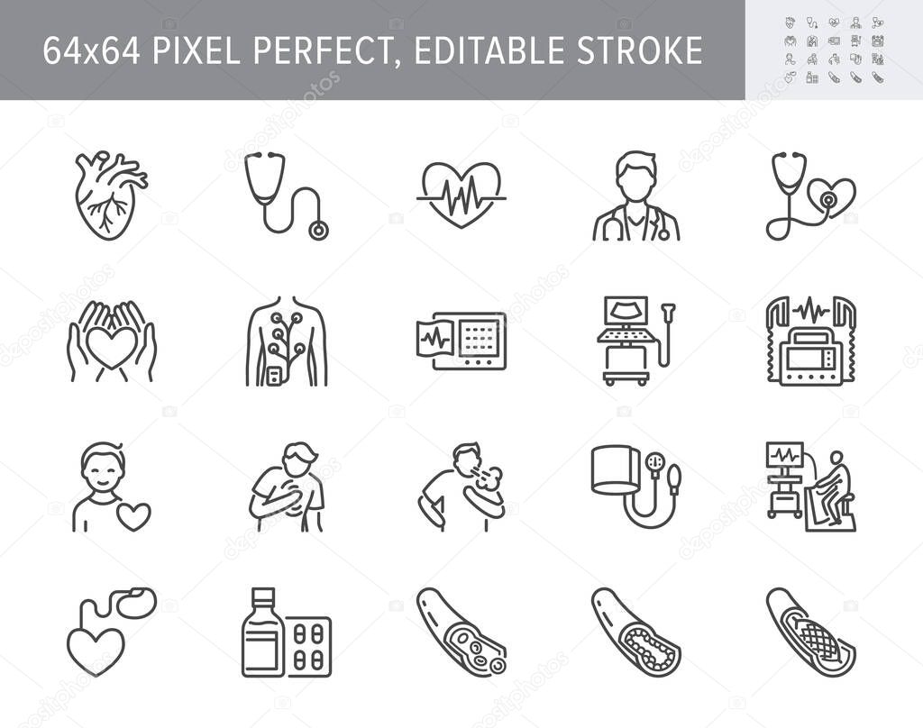 Cardiology line icons. Vector illustration included icon as heart attack, ecg, doctor, pacemaker, defibrillator outline pictogram for cardiovascular clinic. 64x64 Pixel Perfect Editable Stroke