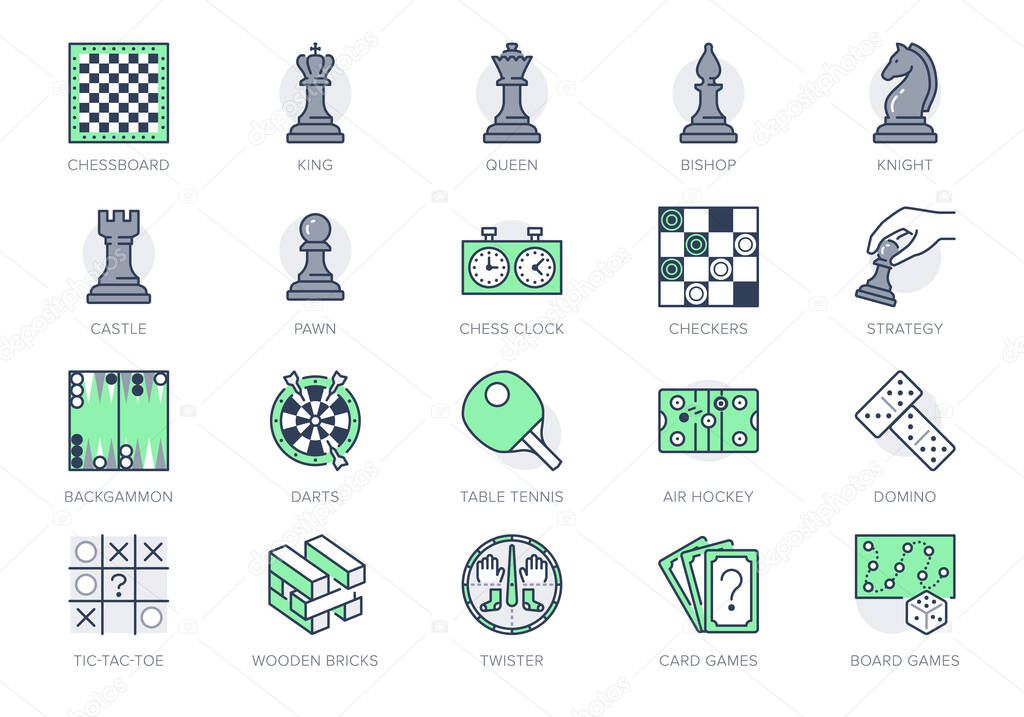 Board games line icons. Vector illustration included icon as chess, checkers, domino outline pictogram for table entertainment shop. Green color, Editable Stroke