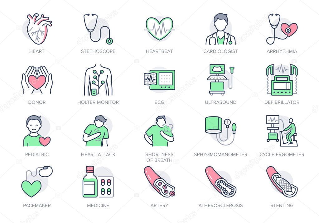 Cardiology line icons. Vector illustration included icon as heart attack, ecg, doctor, pacemaker, defibrillator outline pictogram for cardiovascular clinic. Editable Stroke, Green Color