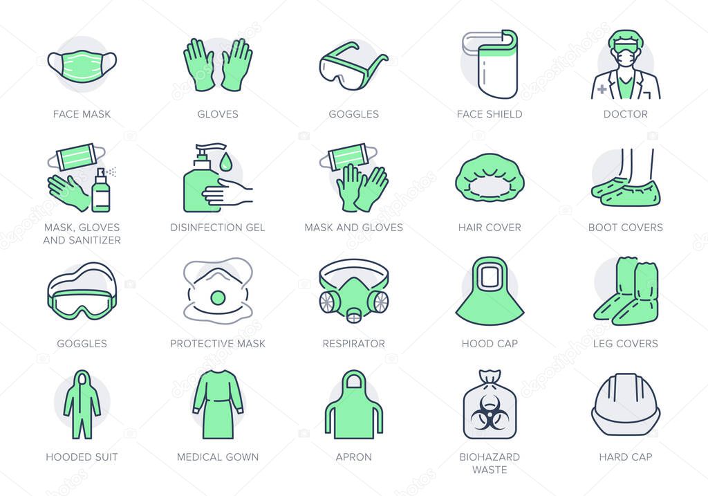 Medical PPE line icons. Vector illustration included icon as face mask, gloves, doctor gown, hair cover, biohazard waste, outline pictogram of protective equipment. Editable Stroke, Green Color