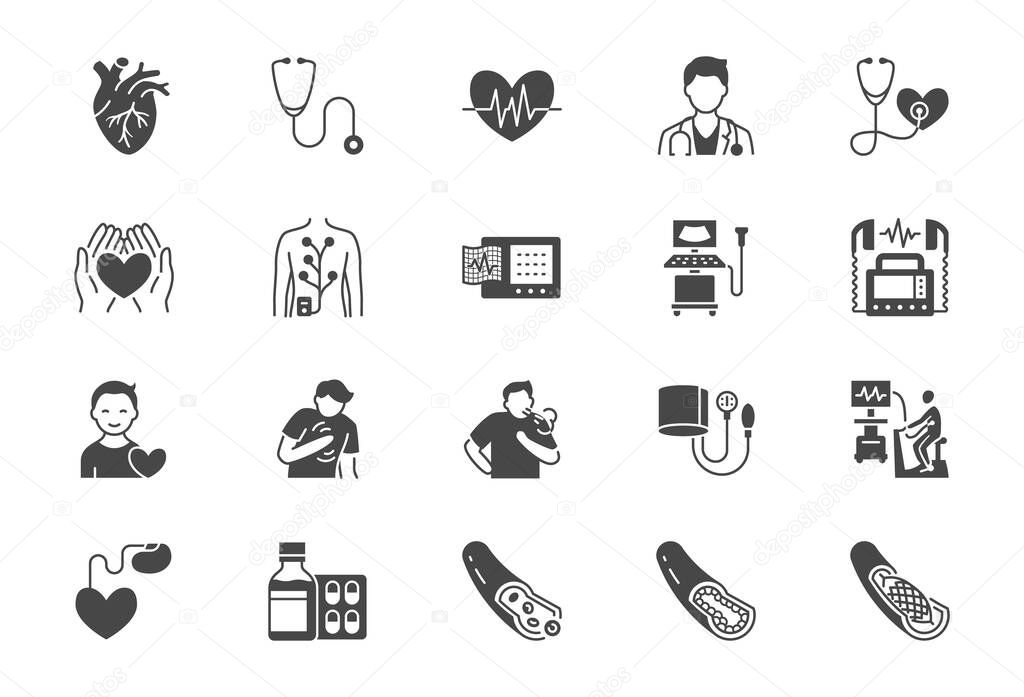 Cardiology flat icons. Vector illustration included icon as heart attack, ecg monitor, doctor, pacemaker, defibrillator, atherosclerosis black silhouette pictogram for medical cardiovascular clinic