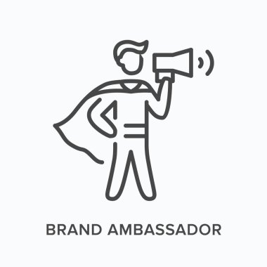 Brand ambassador flat line icon. Vector outline illustration of leadership, hero with megaphone. Influence thin linear pictogram clipart