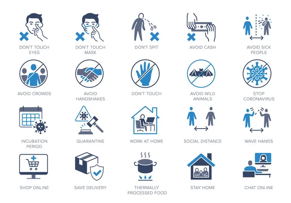 Iconos planos de prevención del Coronavirus. Ilustración vectorial incluyen icono - distancia social, violación de cuarentena, período de incubación, quedarse en casa pictograma silueta azul para la infografía médica — Archivo Imágenes Vectoriales