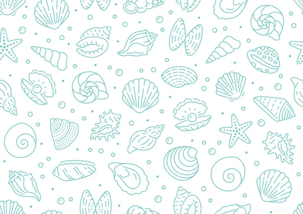 Seashell bezproblemowy wzór. Wektorowe tło obejmowało ikony linii, takie jak muszle oceaniczne, przegrzebki, rozgwiazdy, małże, ostrygi, teksturę żeglarską dla tkaniny. Biały i niebieski kolor — Wektor stockowy