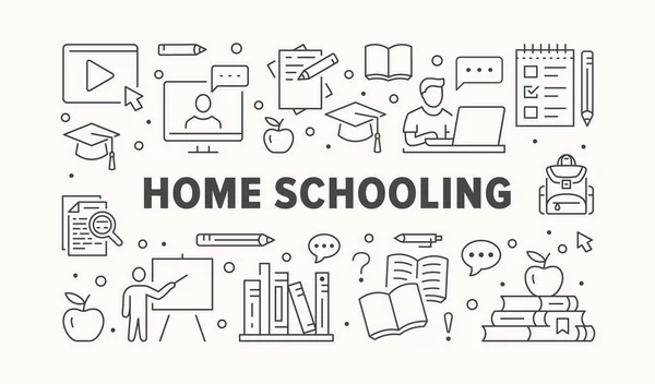 온라인 교육 포스터에 선 아이콘이 있습니다. 배너를 위한 벡터 삽화에는 학생, 컴퓨터, 책, 선생님, 가정 학습을 위한 노트북 윤곽, 대학 트라이니 그 등의 아이콘이 포함되었다. — 스톡 벡터