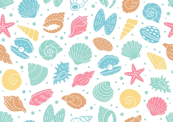 Muschelnahtloses Muster. Vektor-Hintergrund enthalten Zeilensymbole wie Meeresmuscheln, Jakobsmuscheln, Seesterne, Muscheln, Austern, nautische Textur für Stoff. Weiße, blaue, rote, gelbe Farbe — Stockvektor