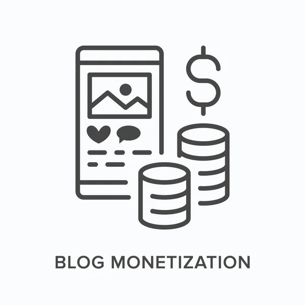 Blog monetización icono de línea plana. Esquema vectorial ilustración de la pantalla del teléfono inteligente con dinero. Marketing en redes sociales pictograma lineal delgado — Archivo Imágenes Vectoriales