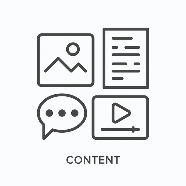 Blog tipos de contenido icono de línea plana. Esquema vectorial ilustración de imagen, texto, vídeo, comentario. Marketing en redes sociales pictograma lineal delgado — Vector de stock