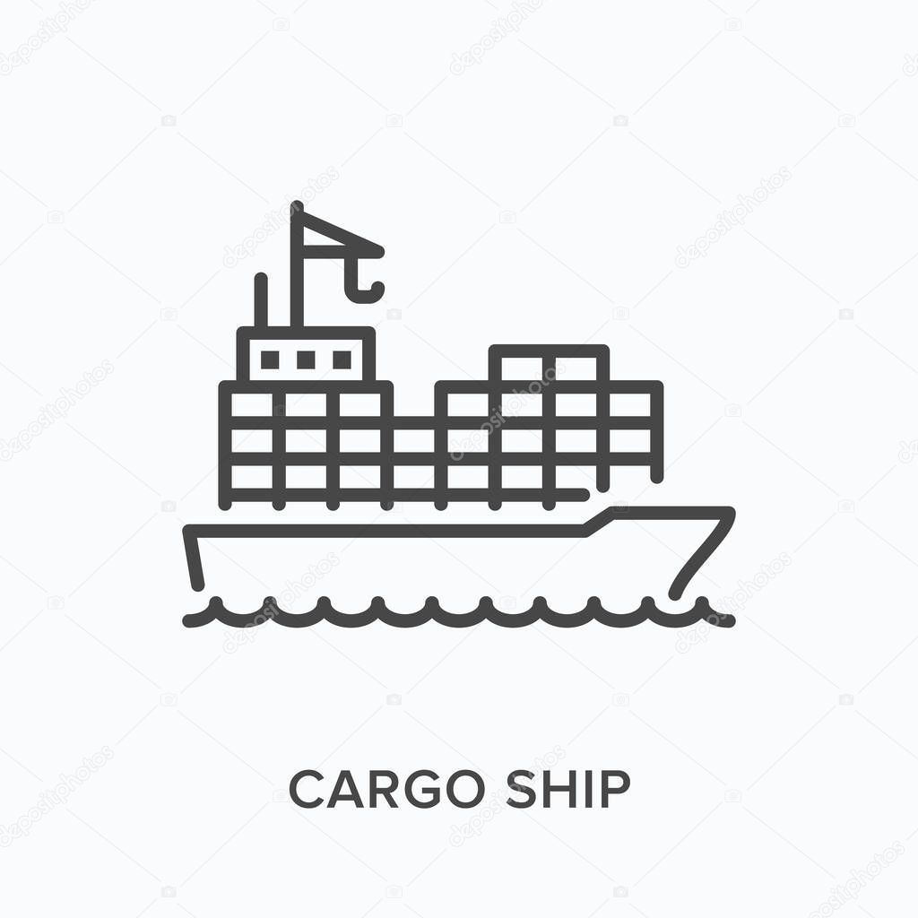 Cargo ship flat line icon. Vector outline illustration of container boat, sea tanker. Marine freight delivery thin linear pictogram
