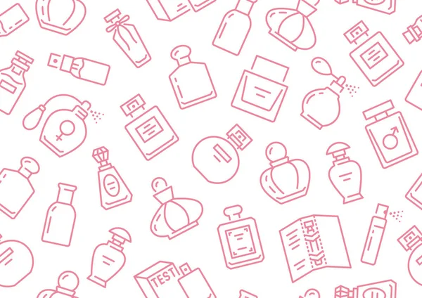 Botellas de perfume patrón sin costura con iconos de línea. Ilustración de fondo vectorial incluido icono como pulverizador de vidrio, muestreador de parfum de lujo, aceite esencial, colonia rosa fondo de pantalla blanco para la tienda de cosméticos — Archivo Imágenes Vectoriales