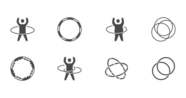 Iconos de glifo de aro hula. Ilustración vectorial incluido icono como niño feliz con hulahoop, pictograma de esquema de ejercicio de hombre gordo para el gimnasio. Silueta de color negro — Archivo Imágenes Vectoriales