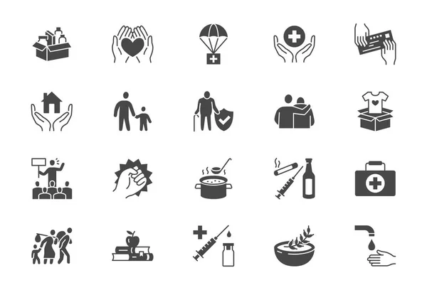 Liefdadigheid, sociale werker hiërogliefen. Vector illustratie opgenomen pictogram als doneren voedsel, humanitaire hulp, bijkeuken, daklozenopvang schema pictogram voor vrijwilliger. Zwarte kleur silhouet — Stockvector