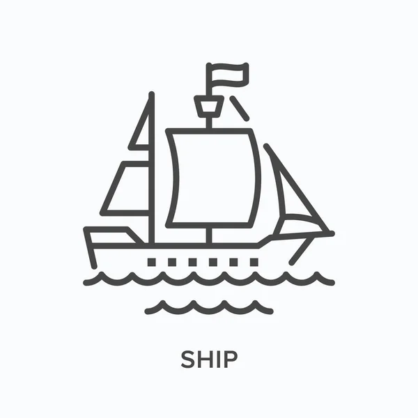 Segelfartyg platt linje ikon. Vektor skissera illustration av yacht, pirat båt, sjötransport. Schooner tunn linjär piktogram — Stock vektor