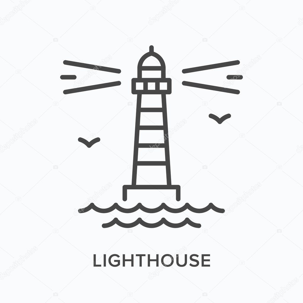 Lighthouse flat line icon. Vector outline illustration of sea beacon, nautical safety light tower. Pharos thin linear pictogram