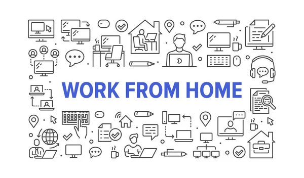 Travail du concept de la maison avec des icônes de ligne. Illustration horizontale vectorielle incluse icône en tant que travailleur indépendant avec ordinateur portable, lieu de travail, moniteur PC, pictogramme de contour de l'homme d'affaires pour la brochure d'emploi à distance — Image vectorielle