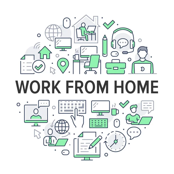 Werk vanuit huis cirkel poster met lijn pictogrammen. Vector illustratie opgenomen pictogram als freelance werknemer met laptop, werkplek, pc monitor, business man groen pictogram voor remote job flyer of brochure — Stockvector