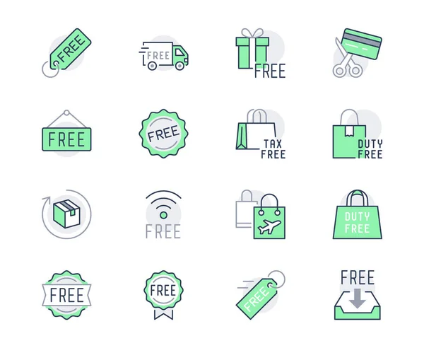 Gratis label lijn pictogrammen. Vector illustratie opgenomen pictogram als gratis levering vrachtwagen, scheepvaart, wifi, download, duty free outline pictogram van freebies. Groene kleur, bewerkbare beroerte — Stockvector