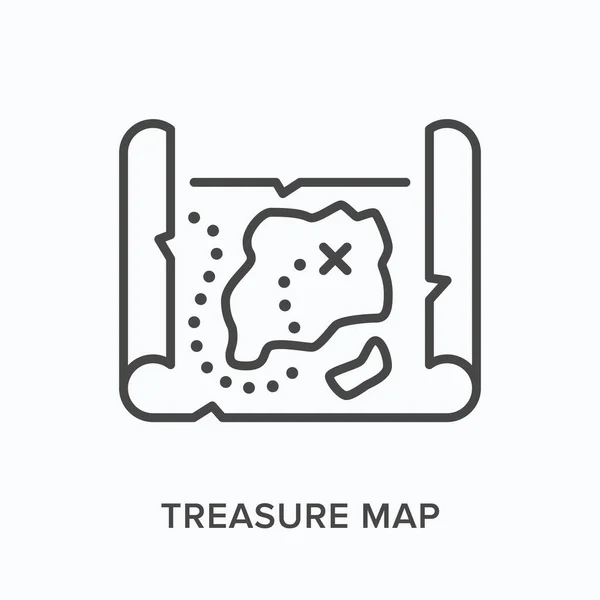 Mappa del tesoro icona della linea piatta. Illustrazione schematica vettoriale del rotolo medievale con direzione. Teasury caccia sottile pittogramma lineare — Vettoriale Stock