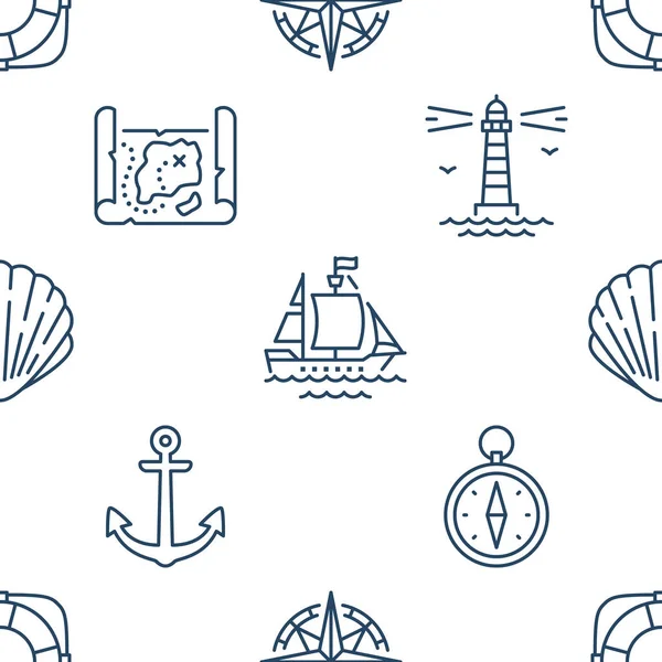 Морской бесшовный рисунок с иконками линий. Векторная фоновая иллюстрация включала иконку как якорь, компас, оболочку, маяк, корабль, контур розы ветра, обои для военно-морского флота. Белый, синий цвет — стоковый вектор