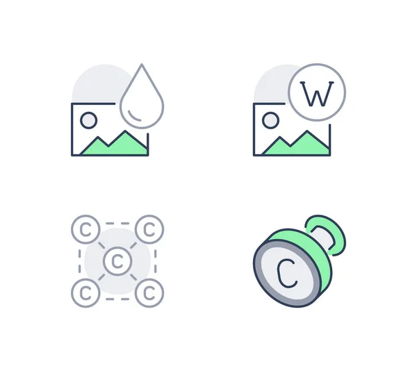 Copyright line icons. Vector illustration included icon as watermark stamp, outline pictogram of image with protection. Green color, Editable Stroke — Stock Vector