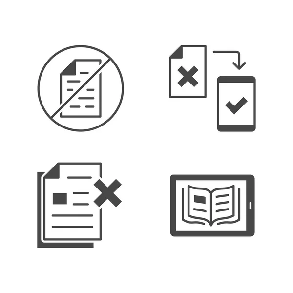 Papierlose flache Glyphen-Symbole. Vektor-Illustration enthalten Symbol als weniger Papierkram, digitales Büro, Bürokratie Silhouette Piktogramm der elektronischen Dokumentenverwaltung — Stockvektor