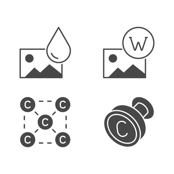 Iconos de glifo plano de copyright. Ilustración vectorial icono incluido como sello de marca de agua, pictograma de silueta de la imagen con protección — Archivo Imágenes Vectoriales