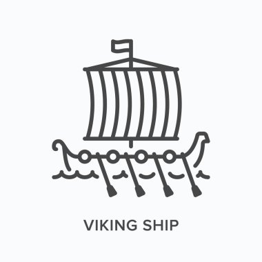 Viking ship flat line icon. Vector outline illustration of norse drakkar, nordic sail boat, sea transportation. Scandinavian longship thin linear pictogram clipart