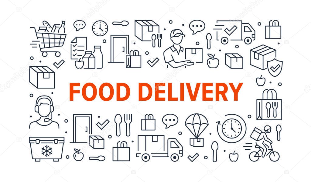 Food delivery horizontal poster with line icons. Vector illustration - courier on bike, door contactless delivering, grocery list, dinner outline pictogram for fast distribution flyer or brochure