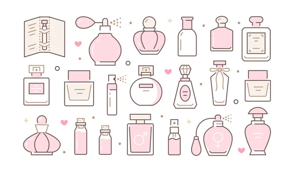 Frascos de perfume poster horizontal com ícones de linha rosa. Ilustração horizontal do vetor incluiu o pulverizador de vidro do ícone, o parfum de luxo, o óleo essencial, pictograma do esboço para o folheto cosmético da loja, brochura —  Vetores de Stock