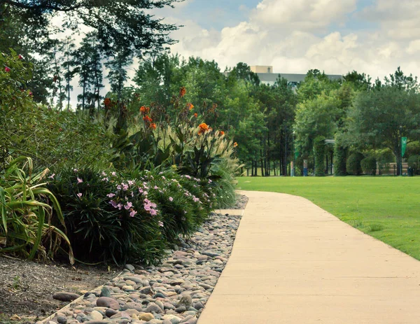 Flower Lined Walkway Public Park Woodlands — Stock Photo, Image