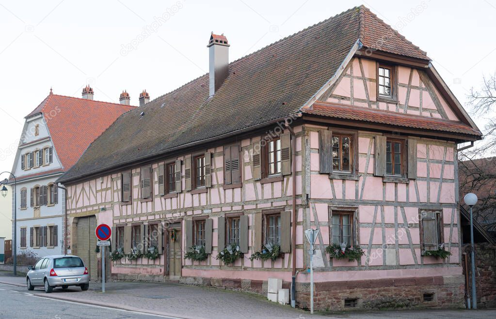Breuschwickersheim, France - 12 25 2018: Typical Alsace house
