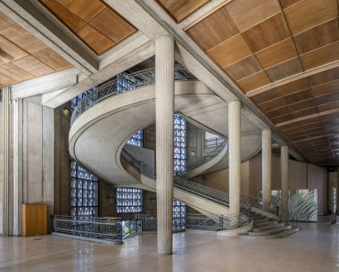 Paris, France - 09 09 2025: Palais d'Iena. Panoramic view of a bay window with claustras backlit