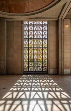 Paris, France - 09 09 2025: Palais d'Iena. Panoramic view of a bay window with claustras backlit