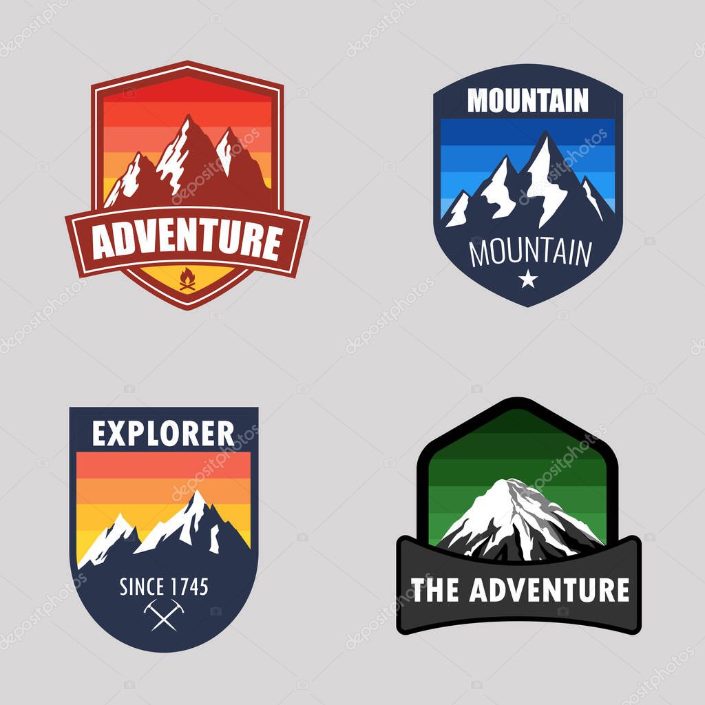 Set Camping outdoor adventure emblems, badges and logo patches. Mountain tourism, hiking.