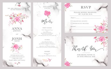 Düğün davetiye kartı şablonları suluboya çiçek gül. Pembe gül ve ileti için düğün tebrik, zarif romantik düzeni kaydetmek tarihi kartları, rsvp, menü, teşekkürler