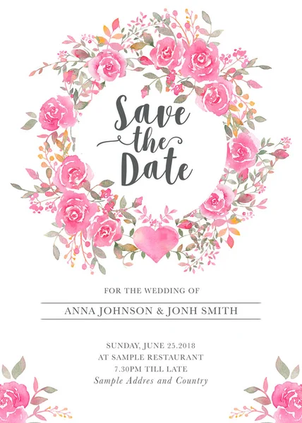 Wedding Invitation Card Template Watercolor Rose Flowers Elegant Romantic Postcard — Stock Photo, Image