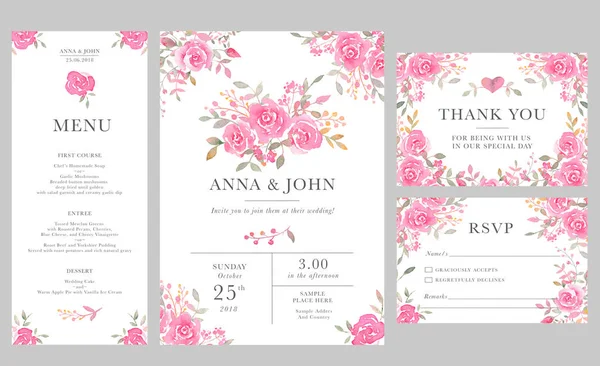 Conjunto Plantillas Tarjetas Invitación Boda Con Flores Rosas Acuarela Elegante — Foto de Stock