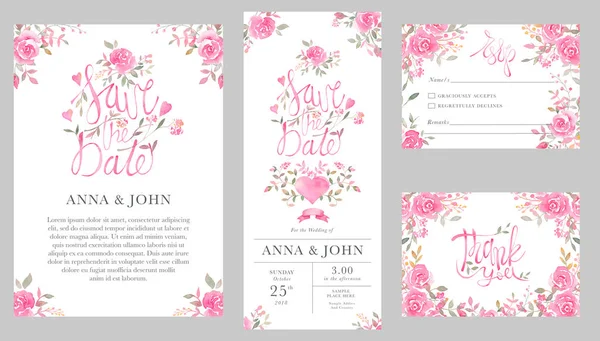 Set Wedding Invitation Card Templates Watercolor Rose Flowers Elegant Romantic — Stock Photo, Image