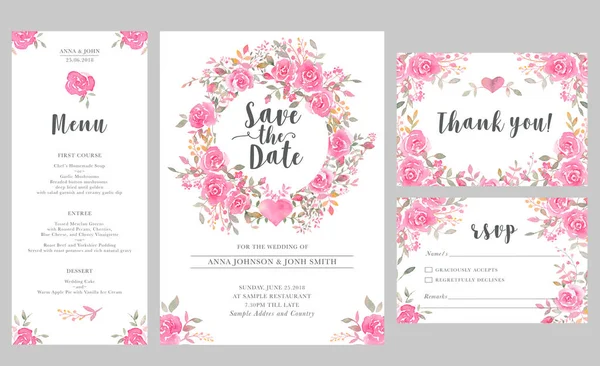 Set Bruiloft Uitnodiging Kaart Sjablonen Met Aquarel Roze Bloemen Elegante — Stockfoto