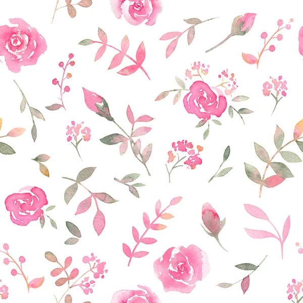 手绘无缝图案与水彩玫瑰花 优雅的浪漫背景与粉红色的玫瑰和树叶在白色的背景 — 图库照片