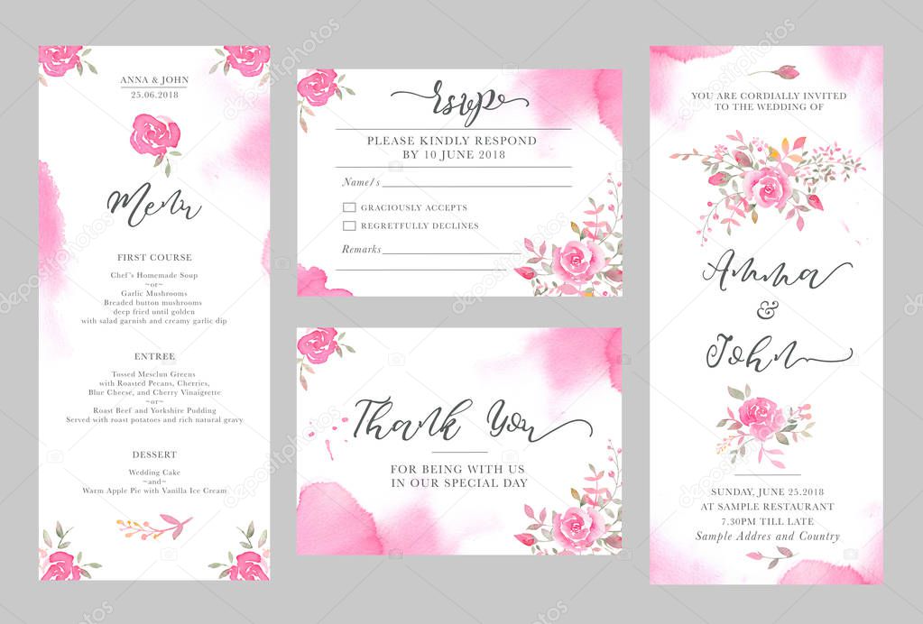 Set of wedding invitation card templates with watercolor rose flowers. Elegant romantic layout with pink roses and message for wedding greeting, Save the date cards, rsvp, menu, thank you